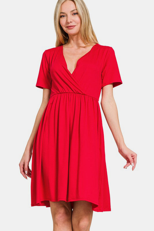 Zenana Surplice Short Sleeve Brushed DTY Dress - Classique Collection