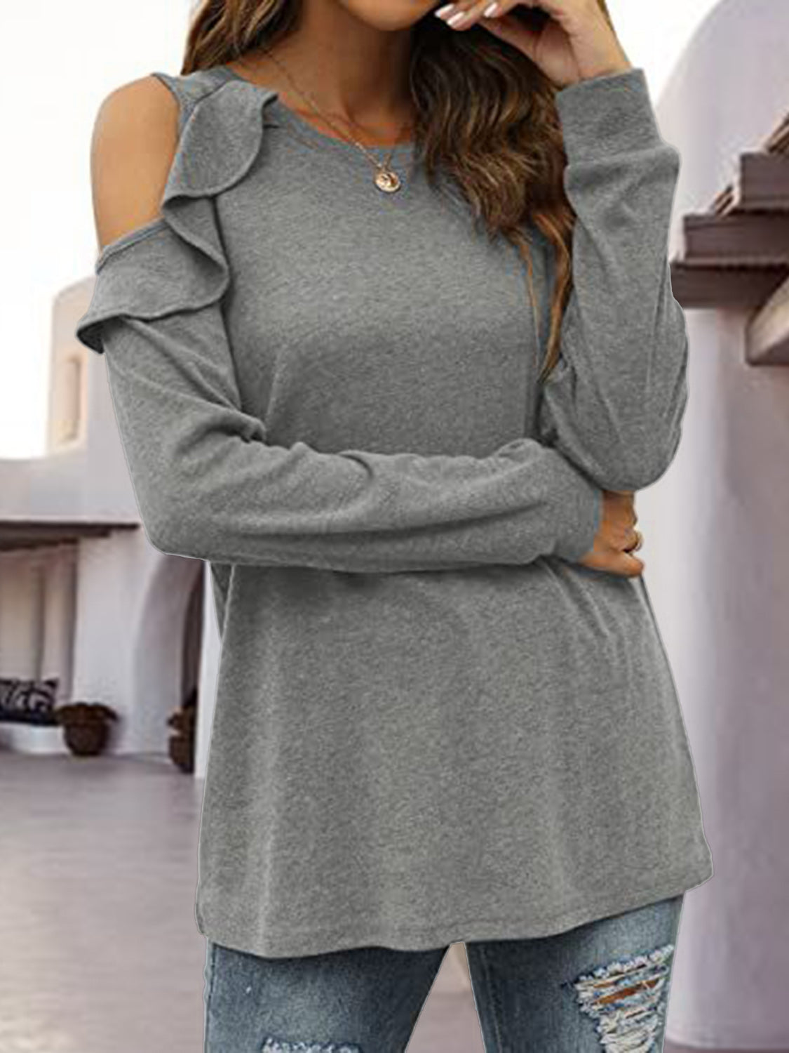 Round Neck Ruffled Cold-Shoulder Blouse - Classique Collection