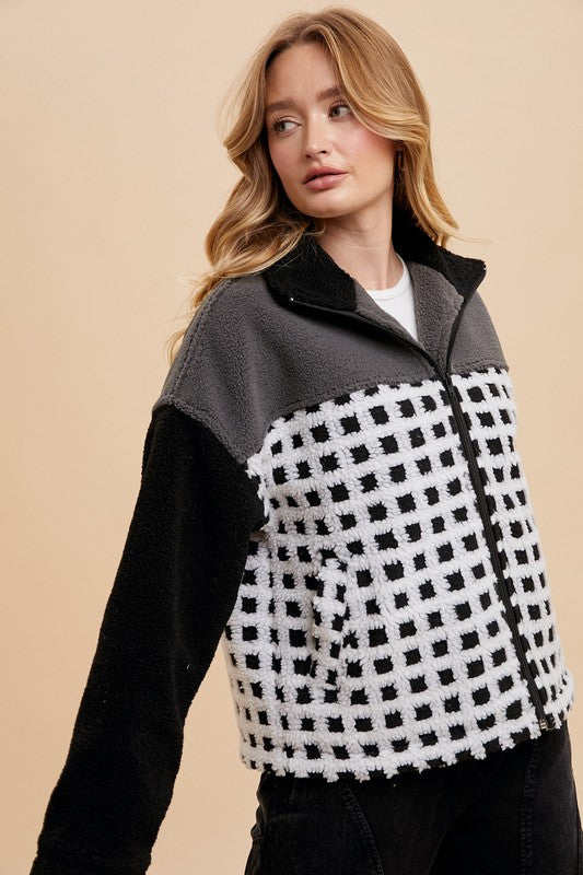 Annie Wear Plaid Zip Up Drop Shoulder Sherpa Jacket - ClassiQ
