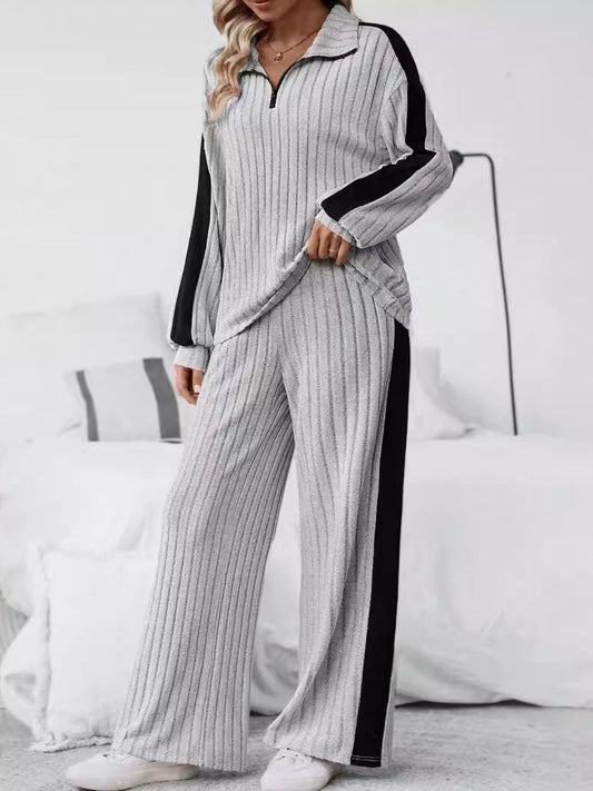 Plus Size Half Zip Long Sleeve Top and Pants Set - ClassiQ