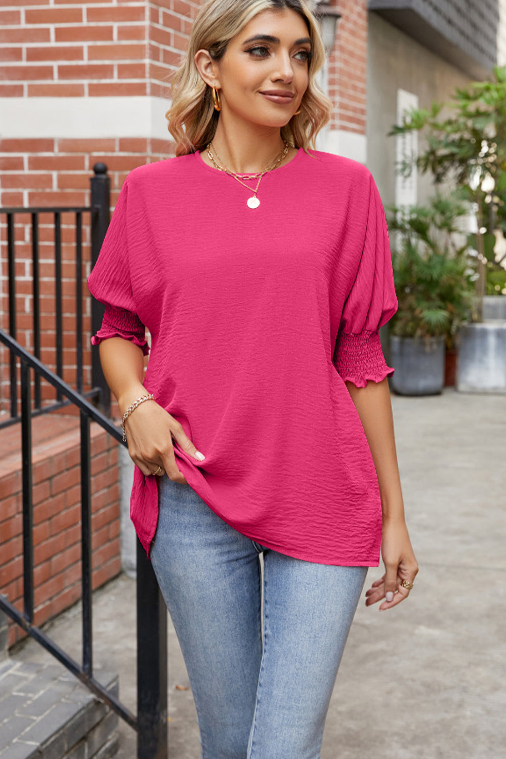 Round Neck Smocked Lantern Sleeve Blouse - Classique Collection