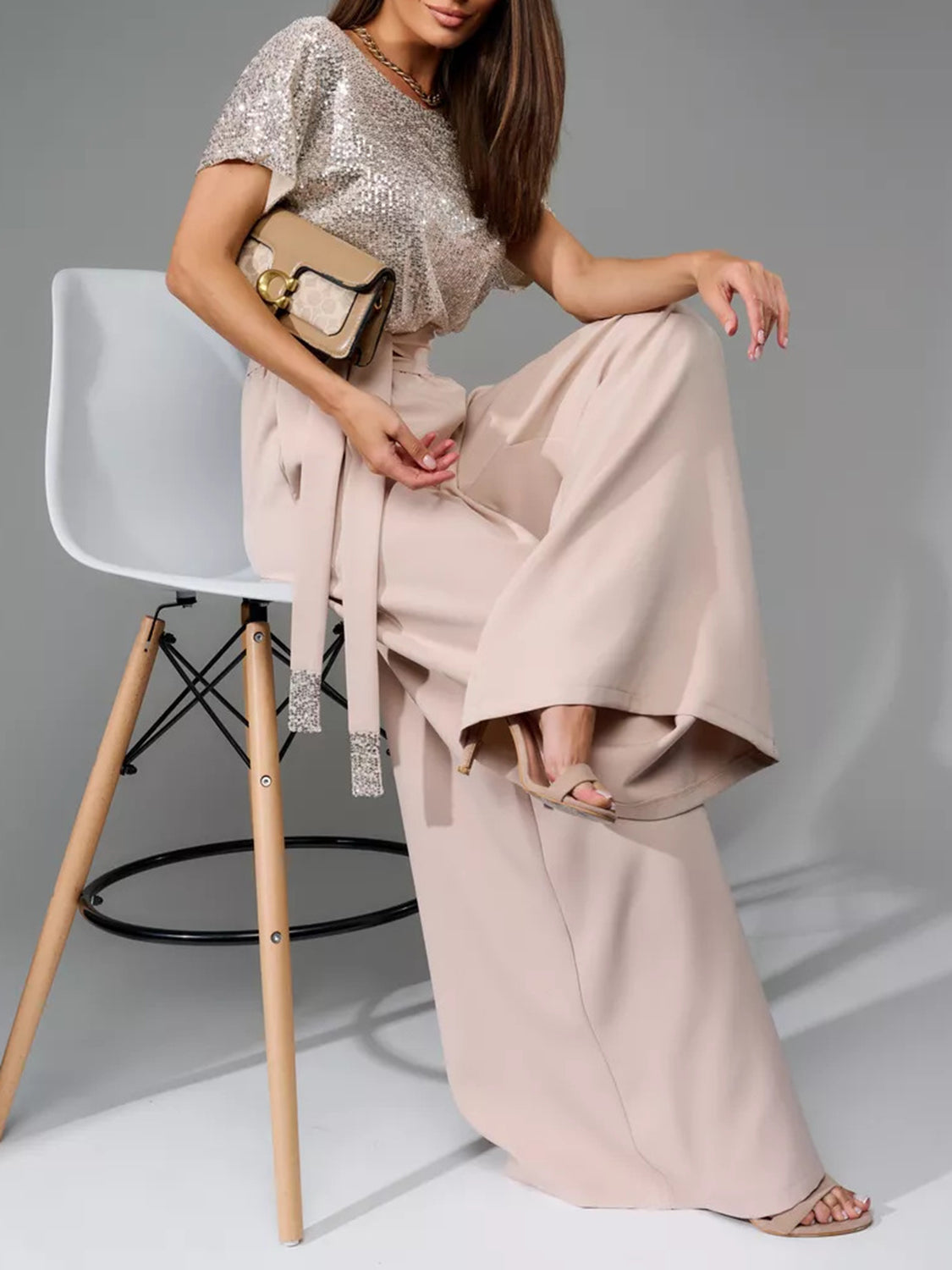 Full Size Sequin Round Neck Short Sleeve Wide Leg Jumpsuit - ClassiQ