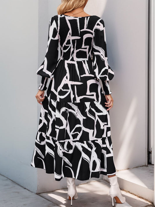 Perfee Smocked Printed Long Sleeve Midi Dress - Classique Collection