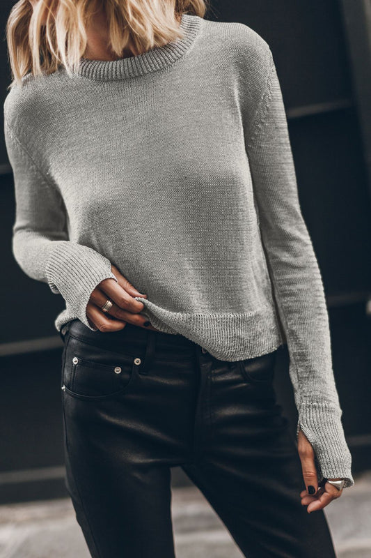 Ribbed Hem Round Neck Long Sleeve Sweater - Classique Collection