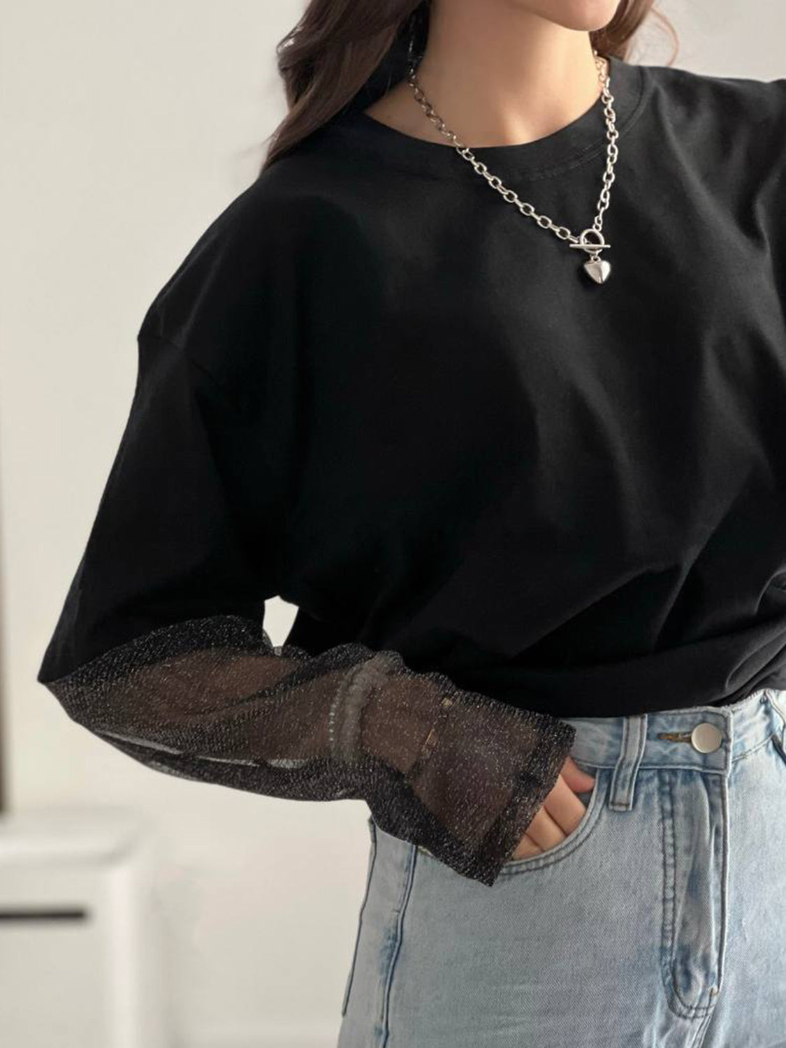 Faux Layered Round Neck Mesh Sleeve Top - Classique Collection