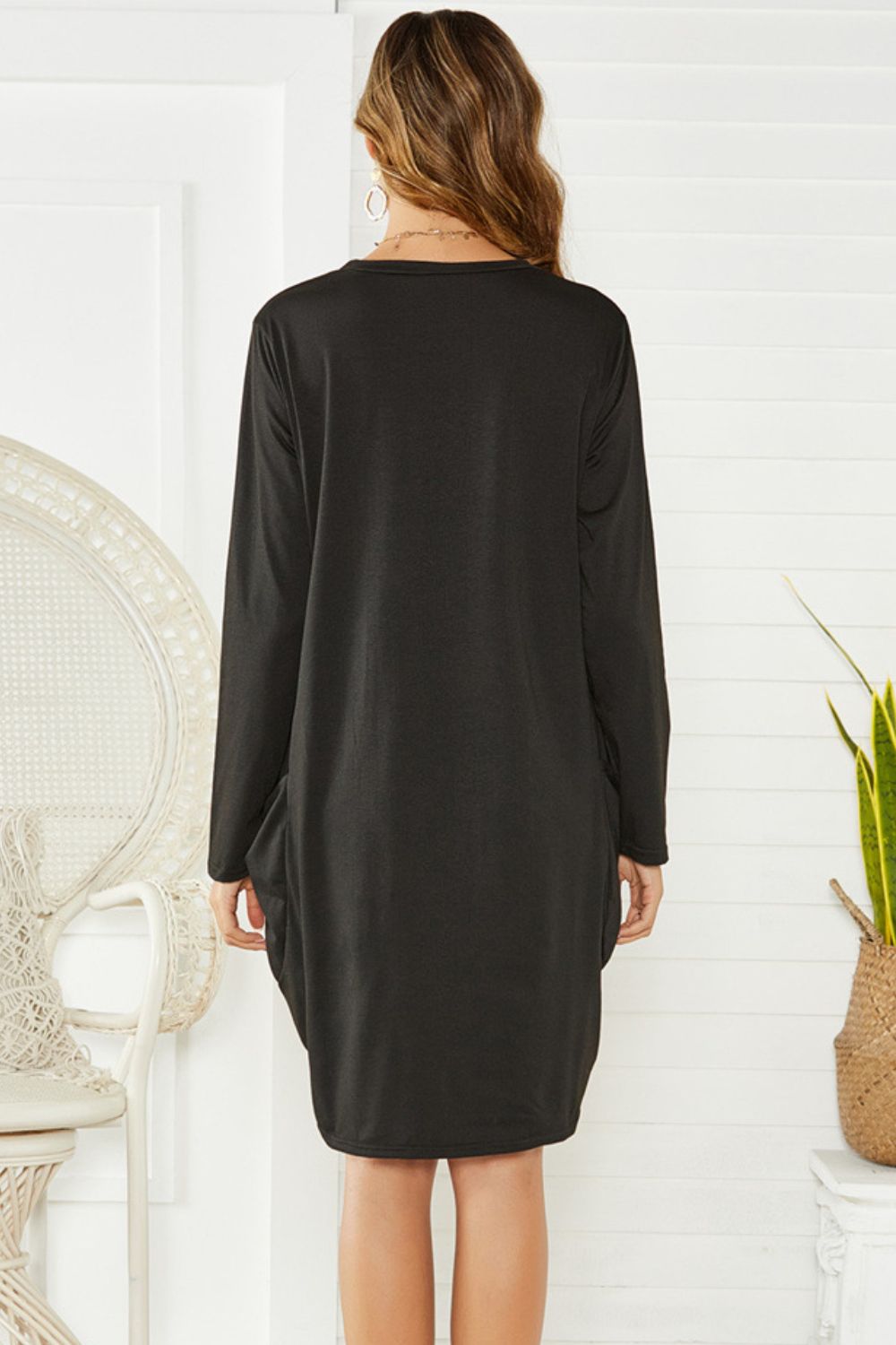 Pocketed Round Neck Long Sleeve Dress - Classique Collection