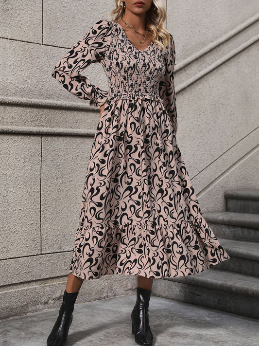 Perfee Printed V-Neck Long Sleeve Midi Dress - Classique Collection