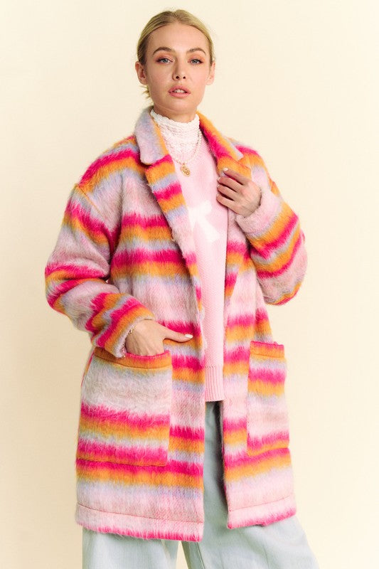 Davi & Dani Contrast Striped Open Front Coat with Pockets - Classique Collection