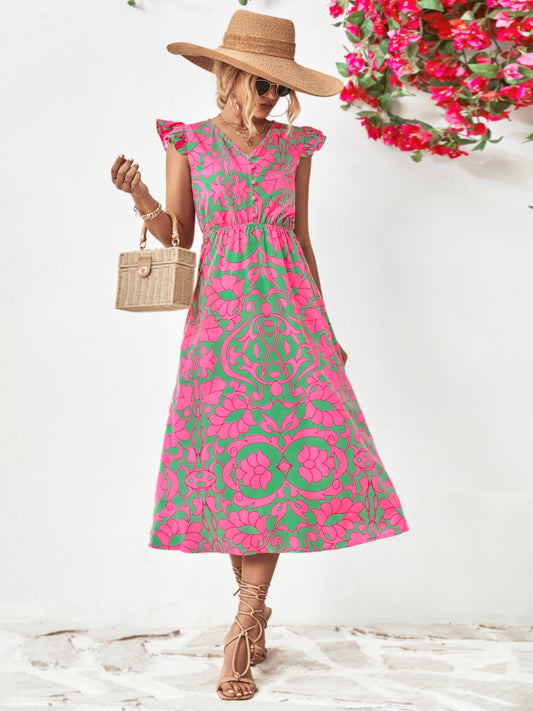 Printed V-Neck Cap Sleeve Dress - Classique Collection