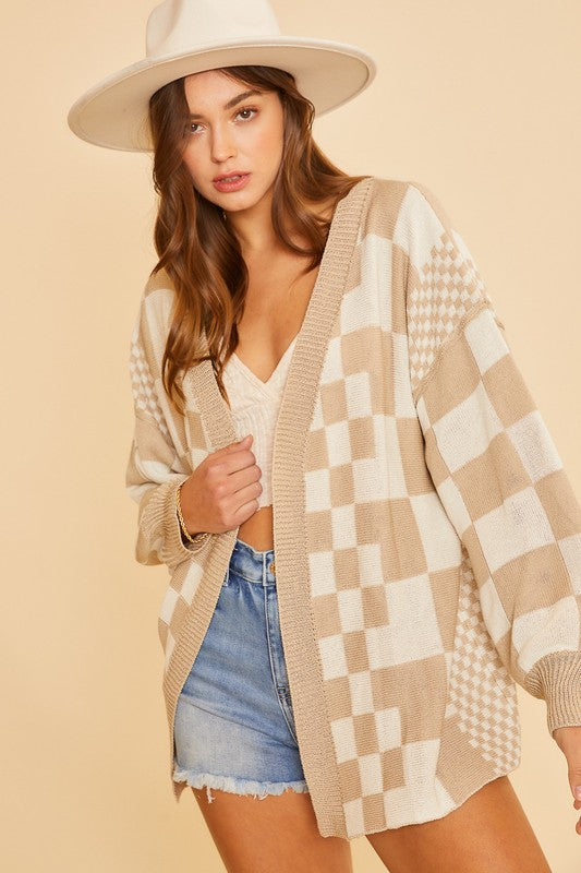 Annie Wear Checkered Open Front Drop Shoulder Cardigan - ClassiQ