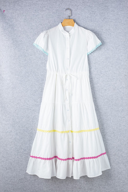 Contrast Trim Button Up Short Sleeve Dress - Classique Collection