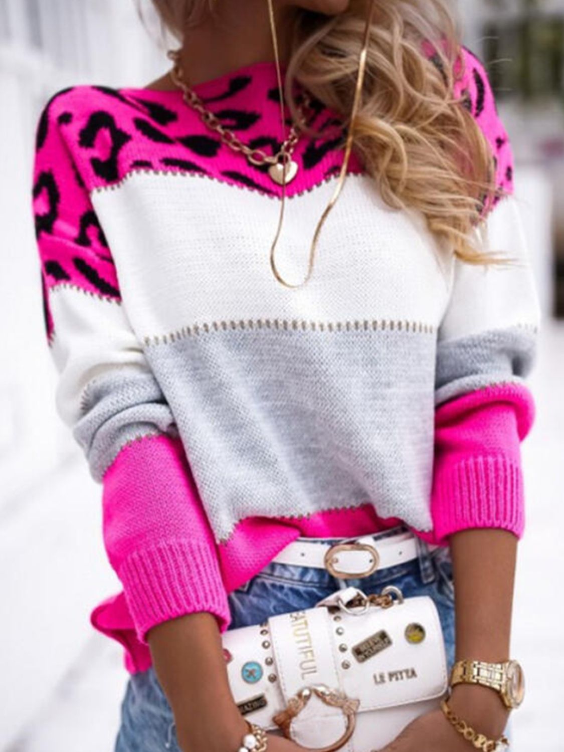 Leopard Color Block Round Neck Long Sleeve Sweater - ClassiQ