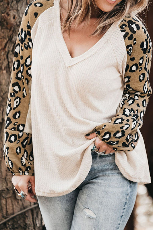 Plus Size Leopard V-Neck Raglan Sleeve Blouse - Classique Collection