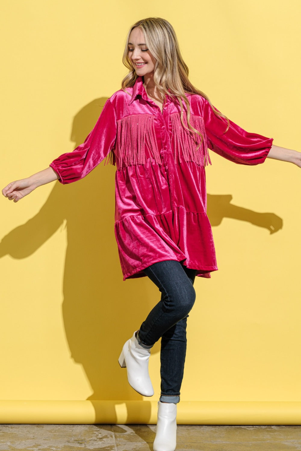 And The Why Fringe Detailed Velvet Shirt Dress - Classique Collection