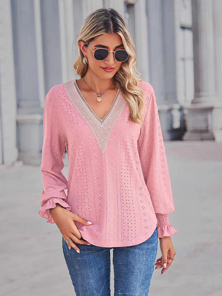 V-Neck Eyelet Flounce Sleeve Blouse - Classique Collection