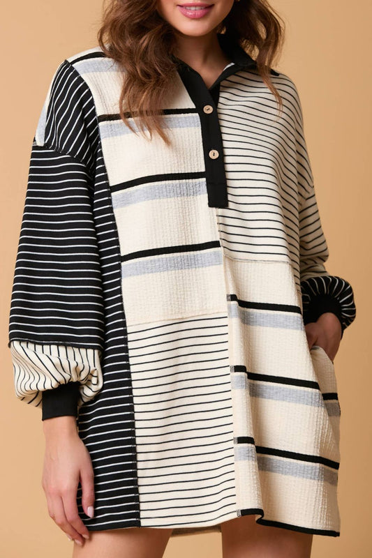 Striped Patchwork Long Sleeve Mini Dress - Classique Collection
