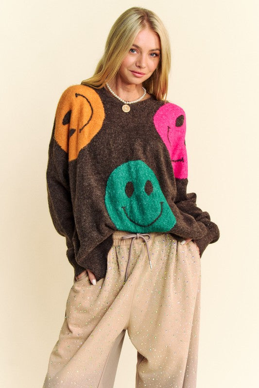Davi & Dani Contrast Smile Round Neck Oversize Sweater - ClassiQ