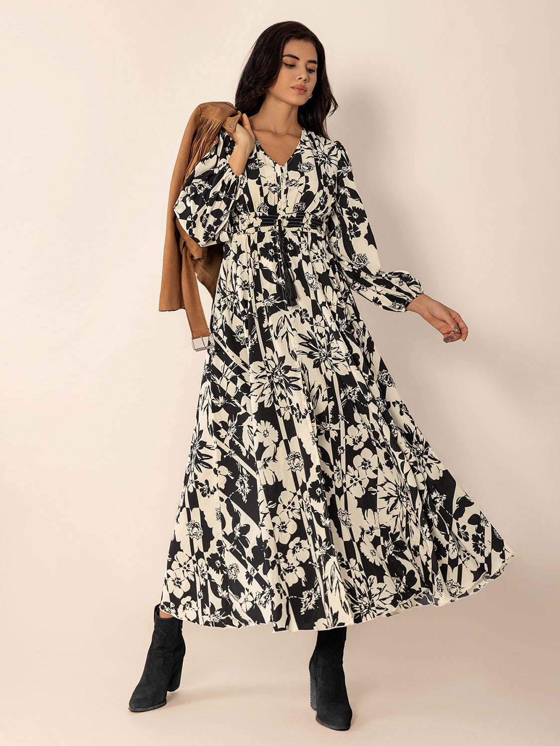Tied Printed V-Neck Long Sleeve Midi Dress - Classique Collection