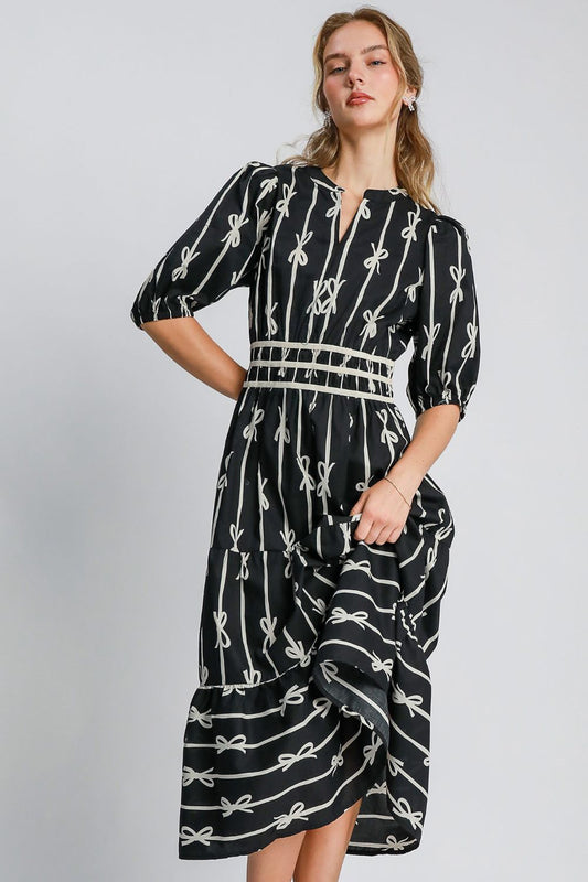Umgee Bow Tie Print Notched Contrast Velvet Trim Midi Dress - Classique Collection
