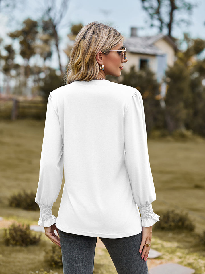 Notched Neck Flounce Sleeve Blouse - Classique Collection