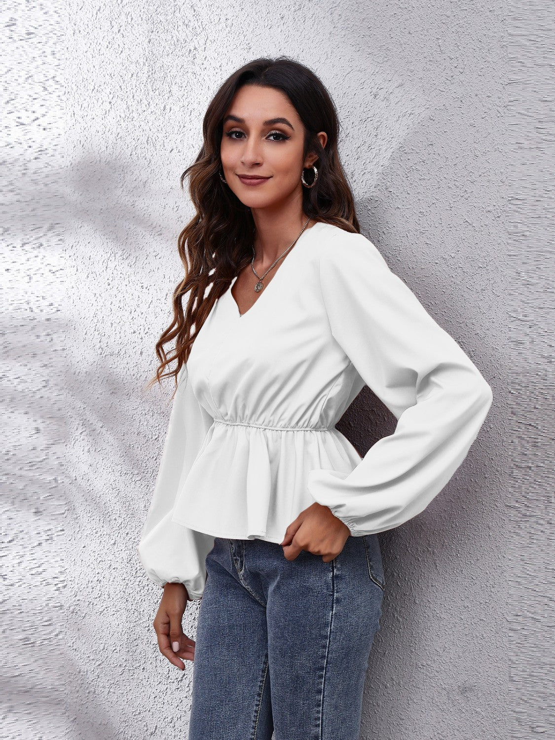 V-Neck Balloon Sleeve Peplum Blouse - Classique Collection