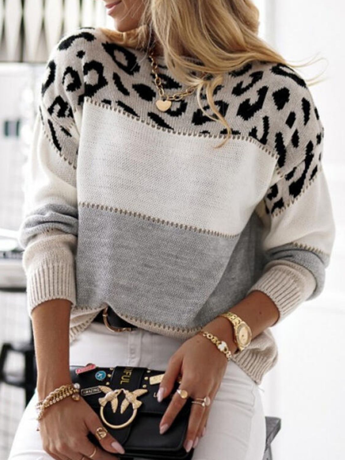 Leopard Color Block Round Neck Long Sleeve Sweater - ClassiQ