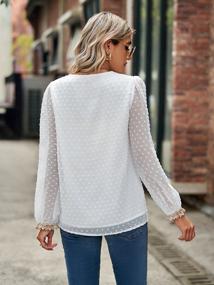 Swiss Dot V-Neck Long Sleeve Blouse - ClassiQ