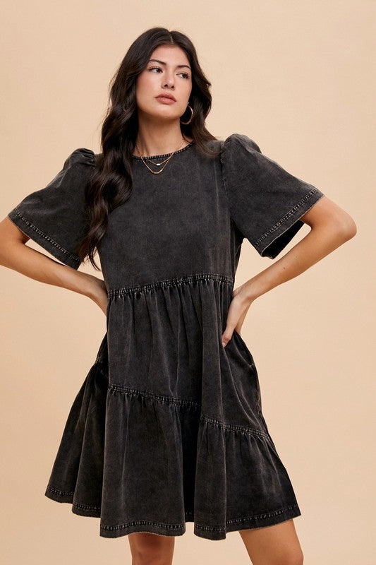 Annie Wear Mineral Washed Round Neck Short Sleeve Denim Dress - ClassiQ
