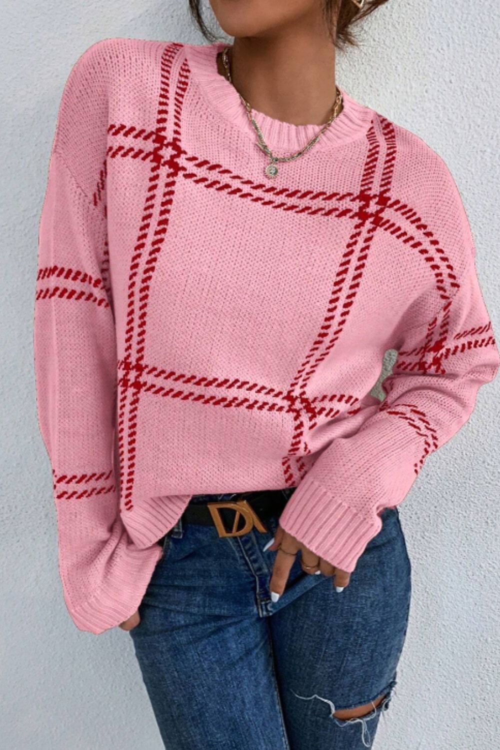 Contrast Round Neck Long Sleeve Sweater - ClassiQ