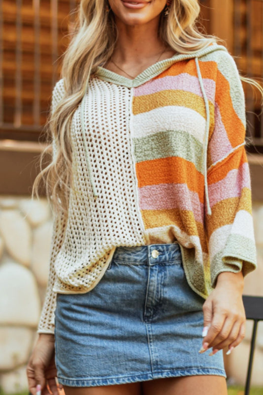 Openwork Color Block Hooded Sweater - Classique Collection
