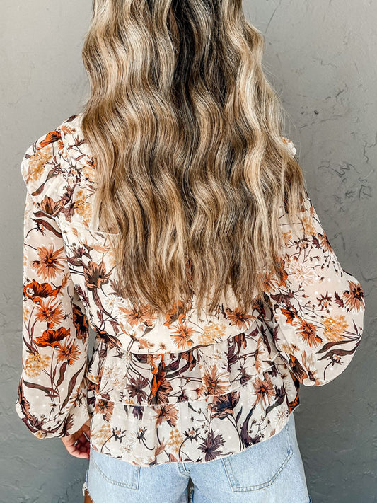 Drawstring Floral Lantern Sleeve Blouse - Classique Collection