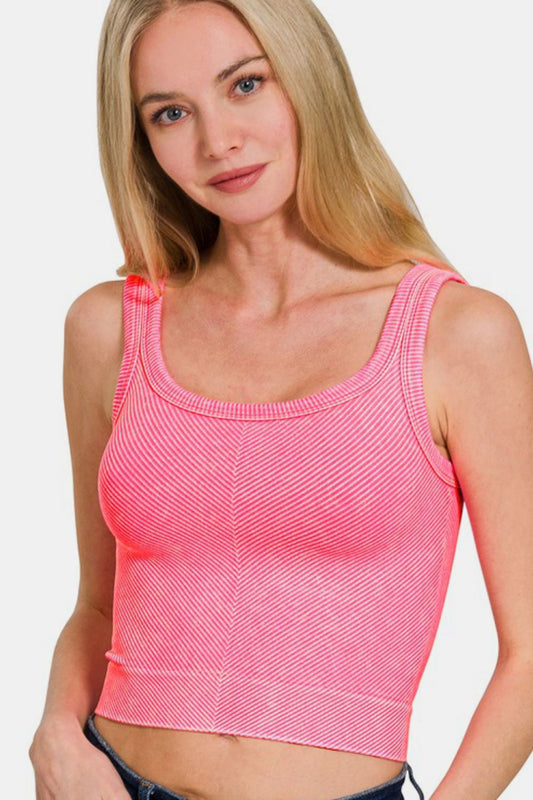 Zenana Washed Ribbed Scoop Neck Wide Strap Tank - Classique Collection