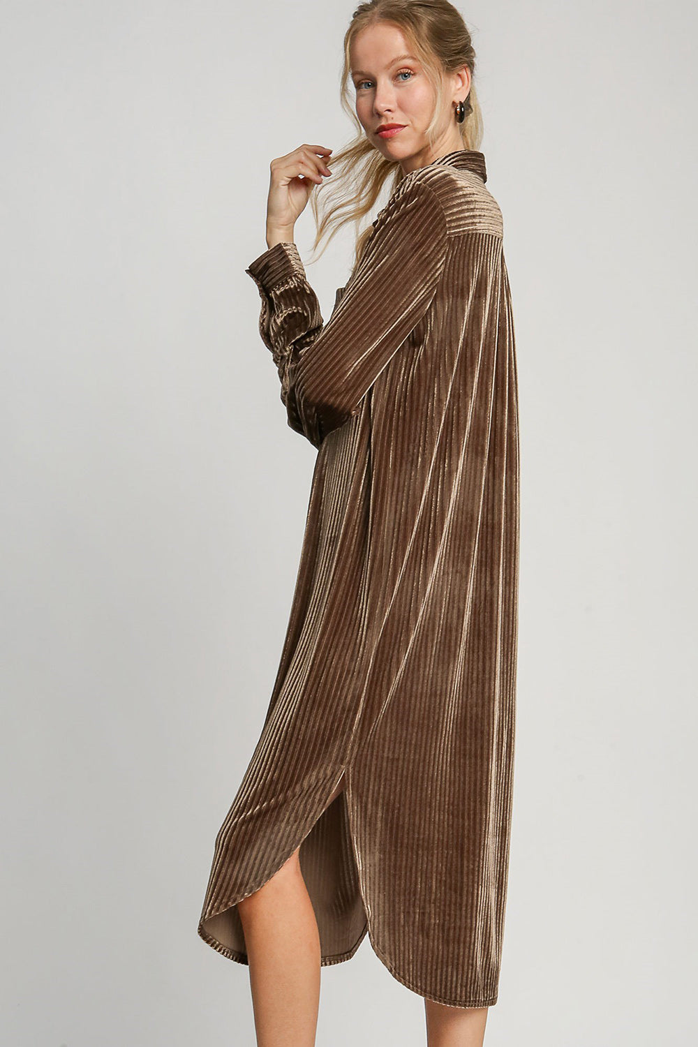Umgee Texture Curved Hem Button Down Shirt Dress - Classique Collection