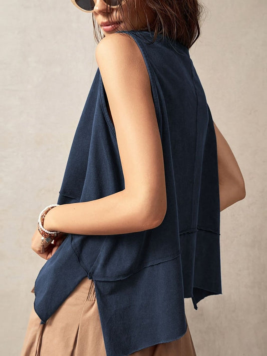 Exposed Seam Side Slit Round Neck Tank - Classique Collection