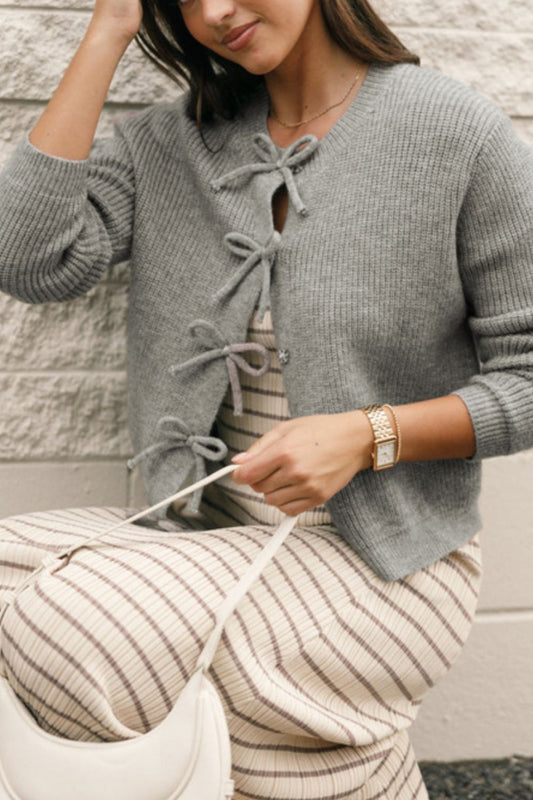 Bow Round Neck Long Sleeve Cardigan - ClassiQ