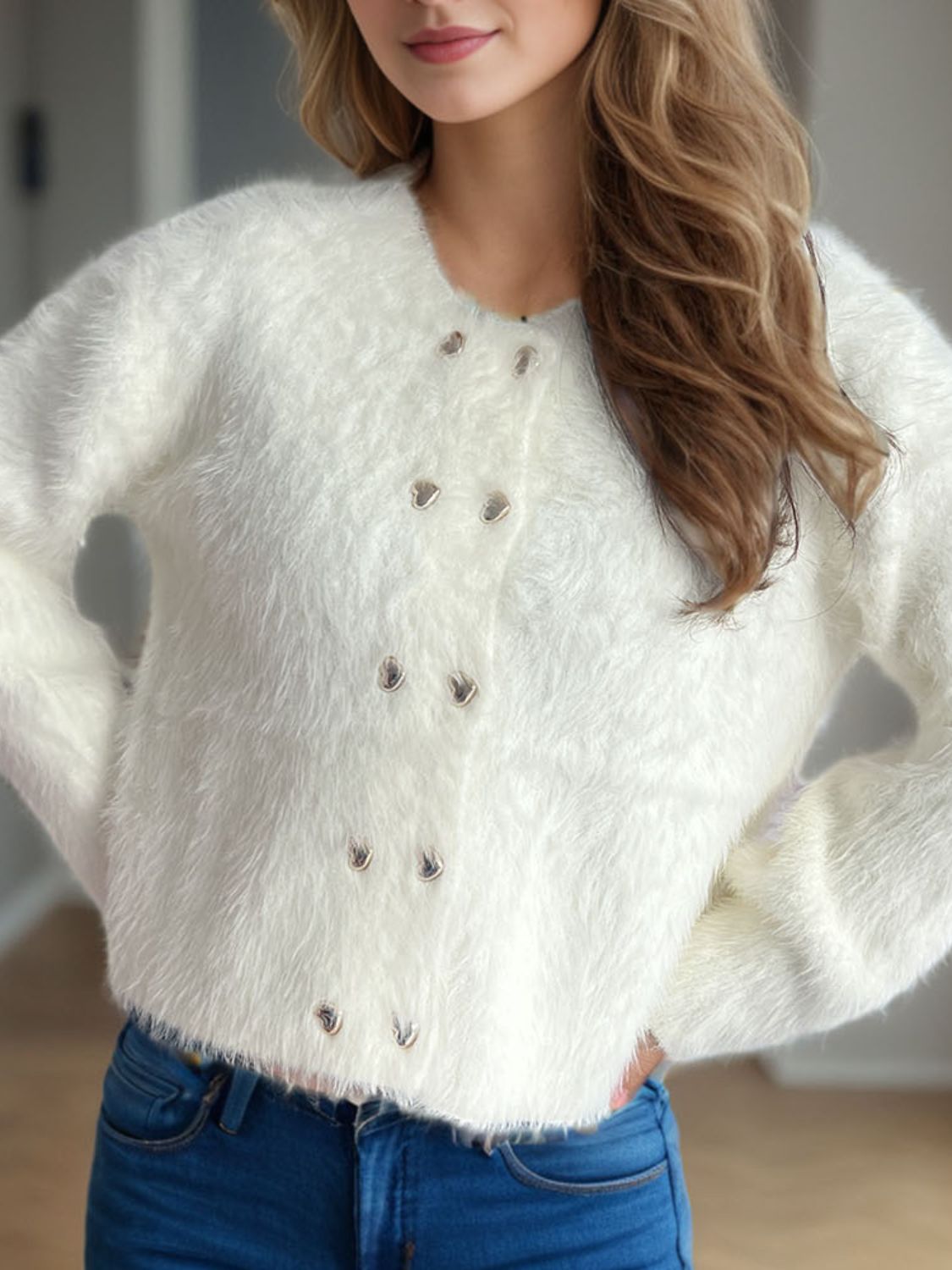 Heart Button Round Neck Cardigan - ClassiQ