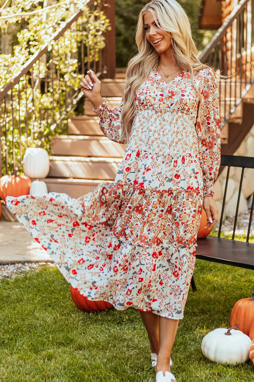 Full Size Printed V-Neck Lantern Sleeve Midi Dress - Classique Collection