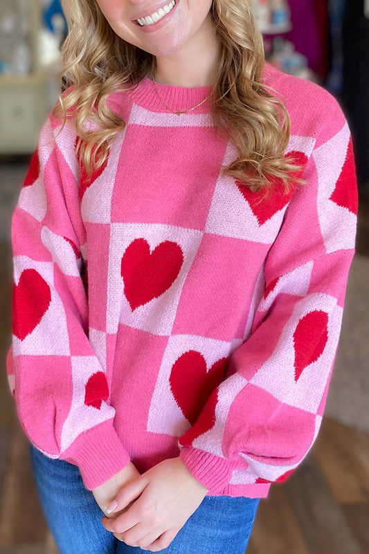 Pink Love Heart Checkered Valentine Knit Sweater - ClassiQ