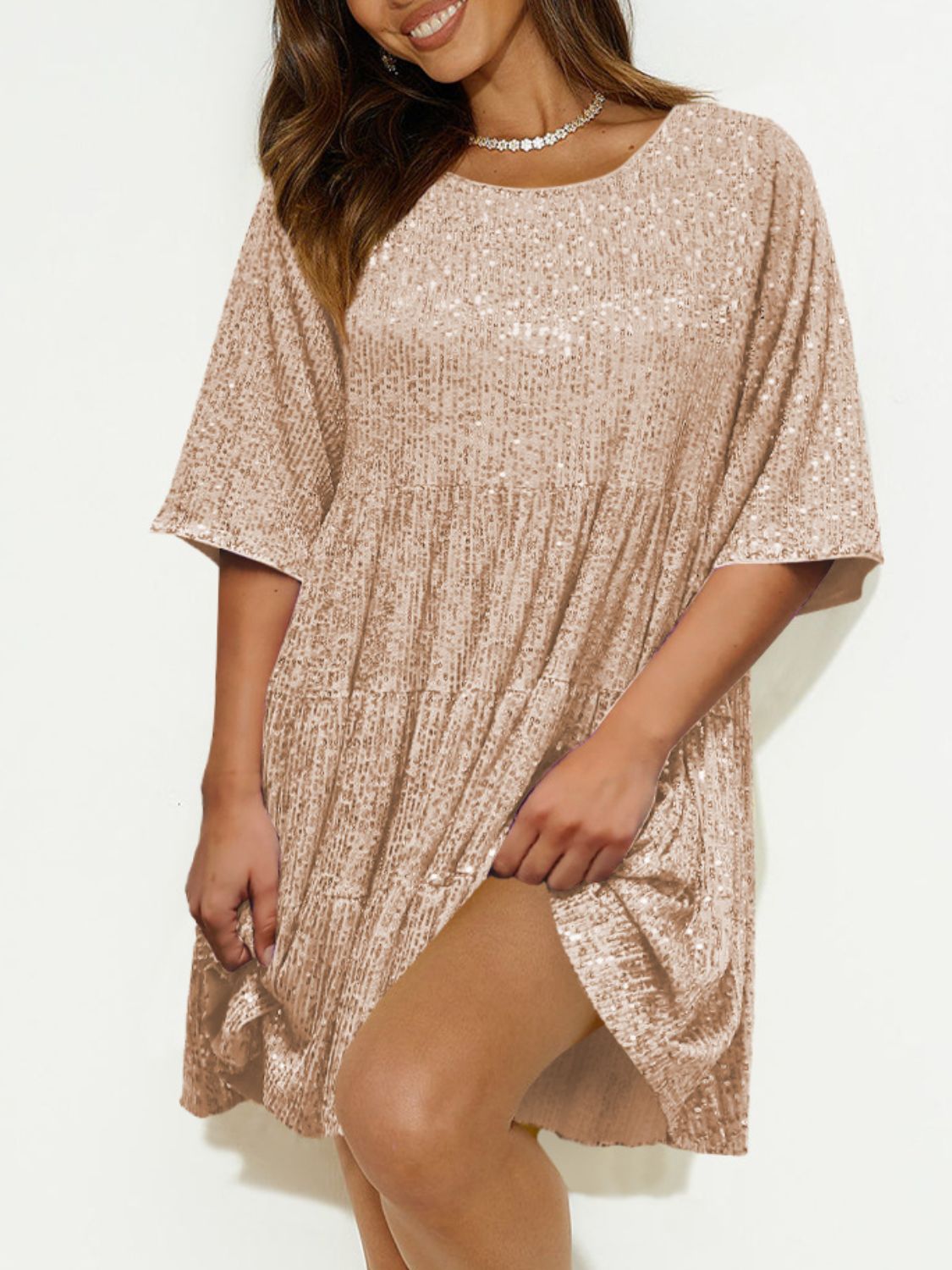 Sequin Round Neck Half Sleeve Mini Dress - Classique Collection