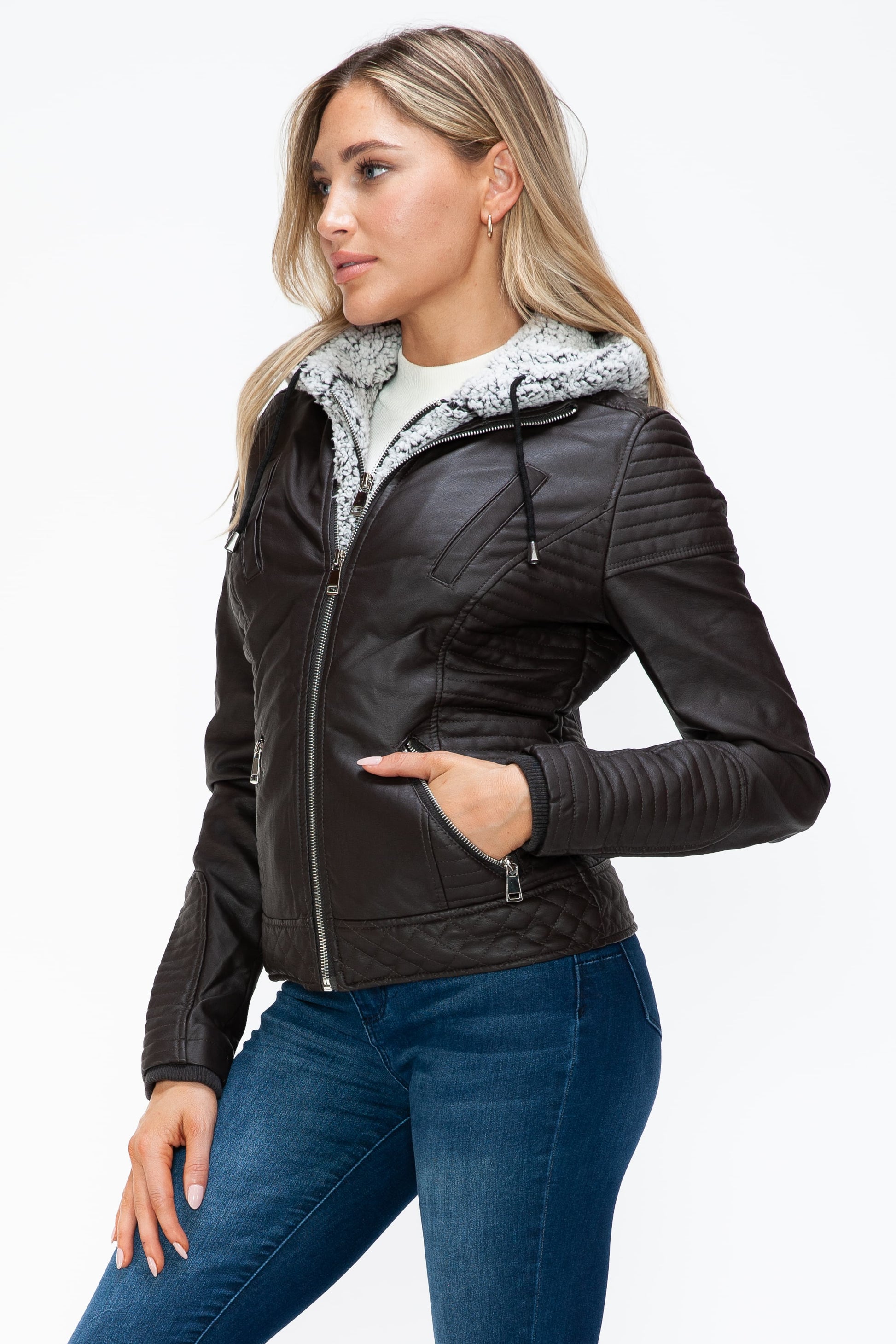 YMI Faux Layered Double-Zipper Jacket with Fuzzy Hood - ClassiQ