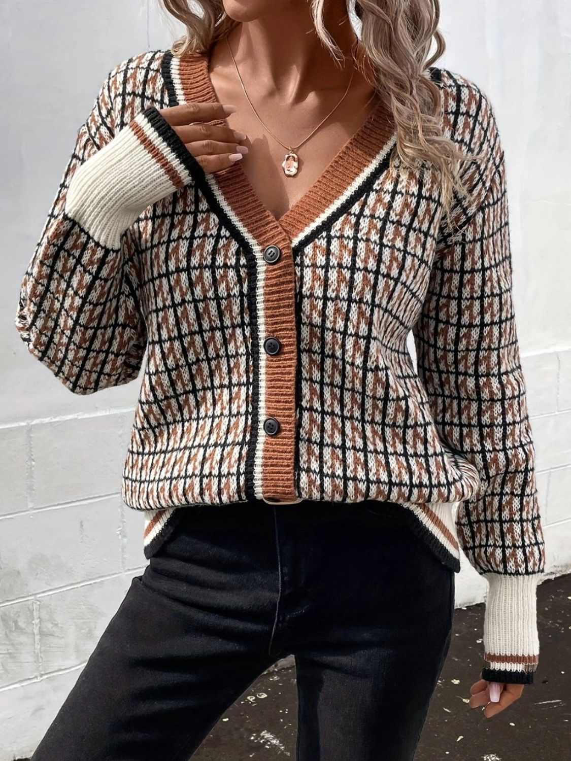 Plaid V-Neck Button Up Cardigan - Classique Collection