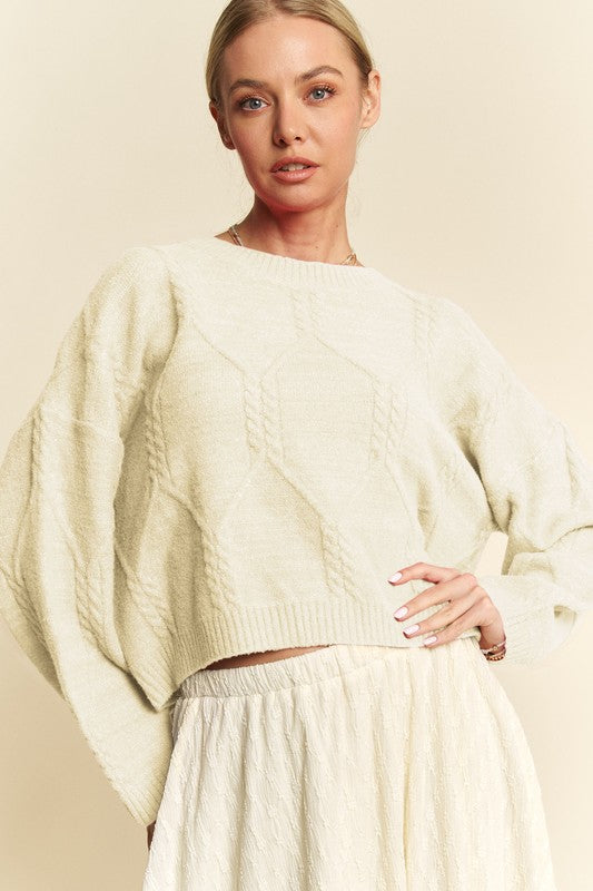 Davi & Dani Diamond Cable Pattern Drop Shoulder Sweater - Classique Collection
