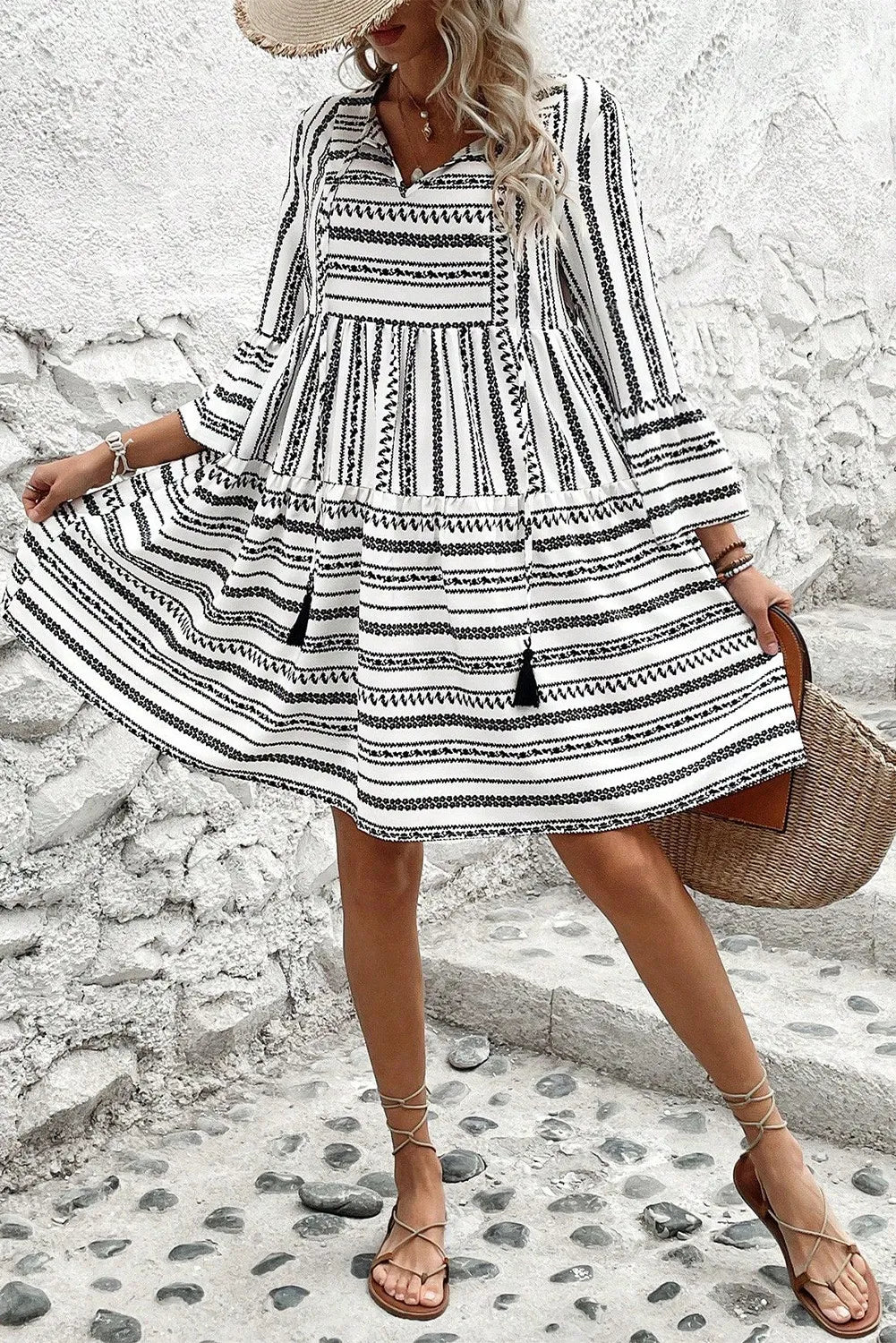 Printed Tie Neck Three-Quarter Sleeve Mini Dress - Classique Collection