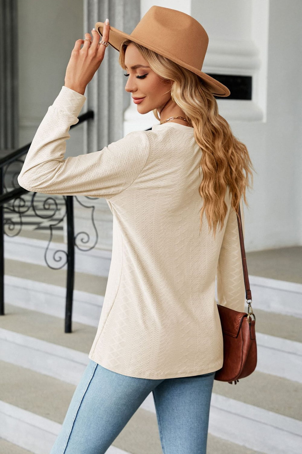 Notched Neck Long Sleeve Buttoned Blouse - Classique Collection