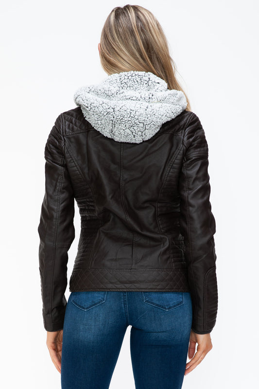 YMI Faux Layered Double-Zipper Jacket with Fuzzy Hood - ClassiQ