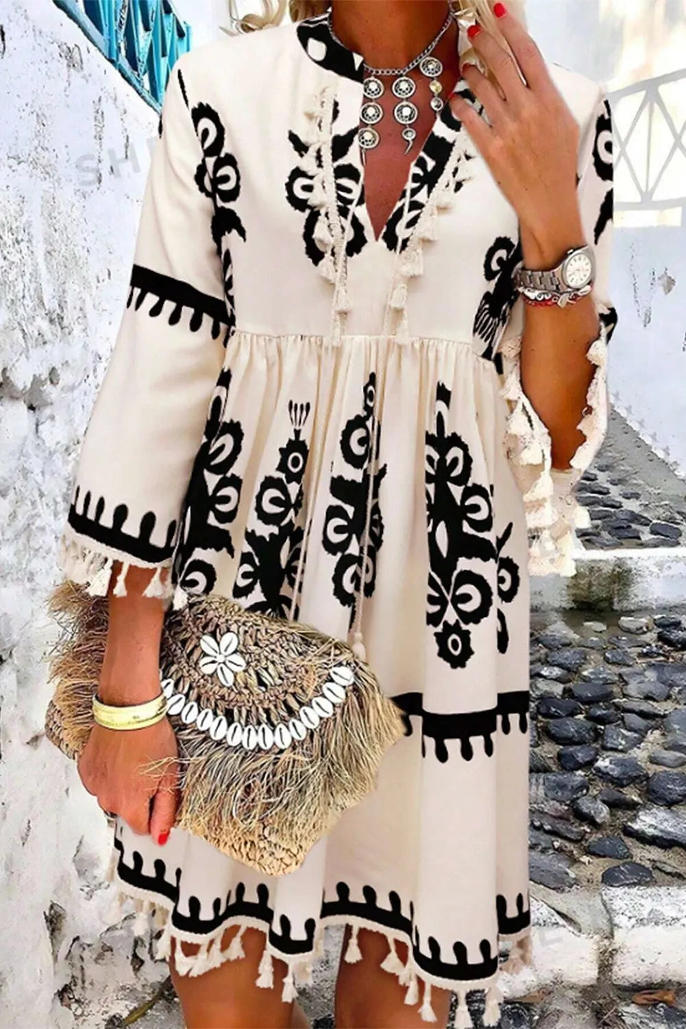 Tassel Printed Three-Quarter Sleeve Mini Dress - Classique Collection