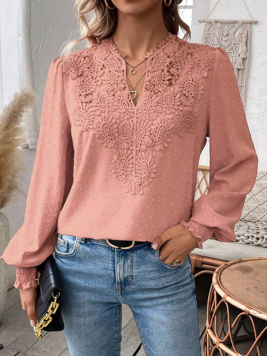Swiss Dot Lace Detail Notched Long Sleeve Blouse - Classique Collection