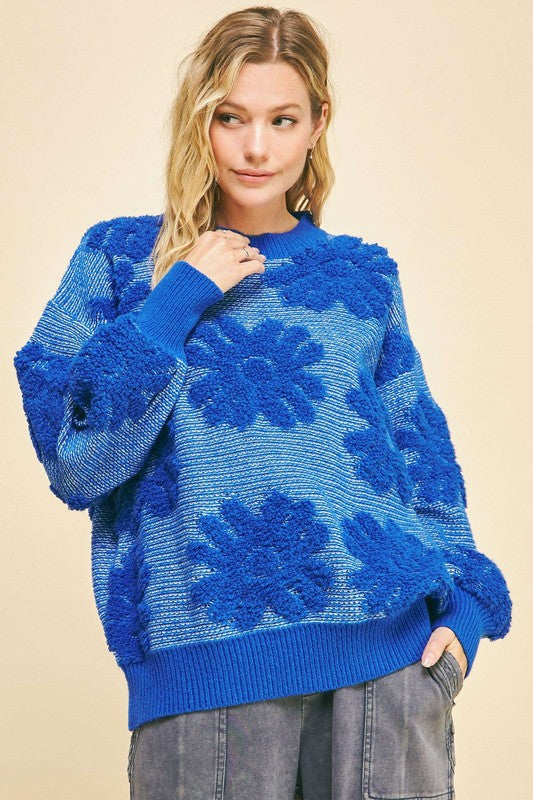 Davi & Dani Flower Texture Round Neck Dropped Shoulder Sweater - Classique Collection