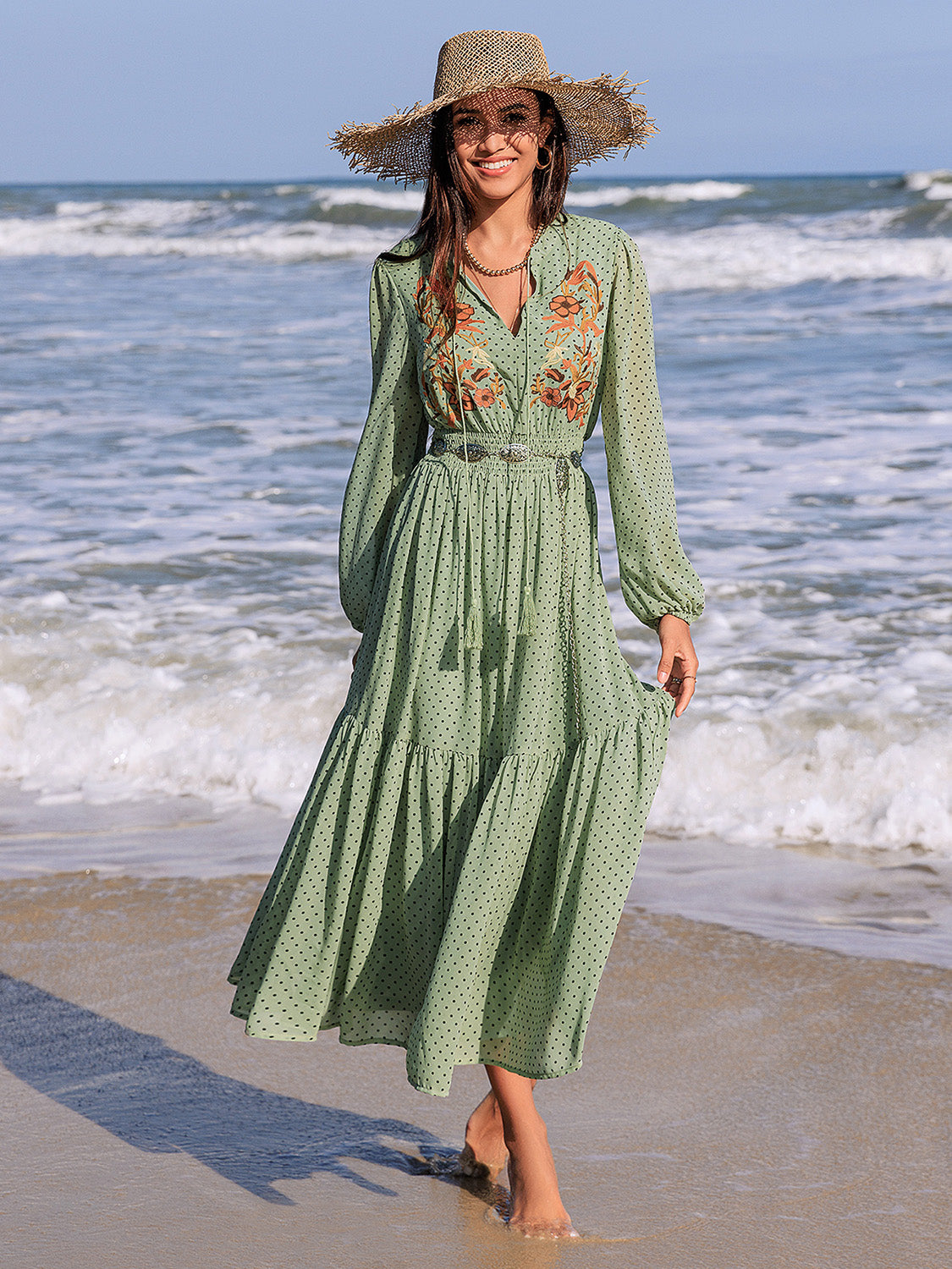 Embroidered Polka Dot Tie Neck Long Sleeve Midi Dress - Classique Collection