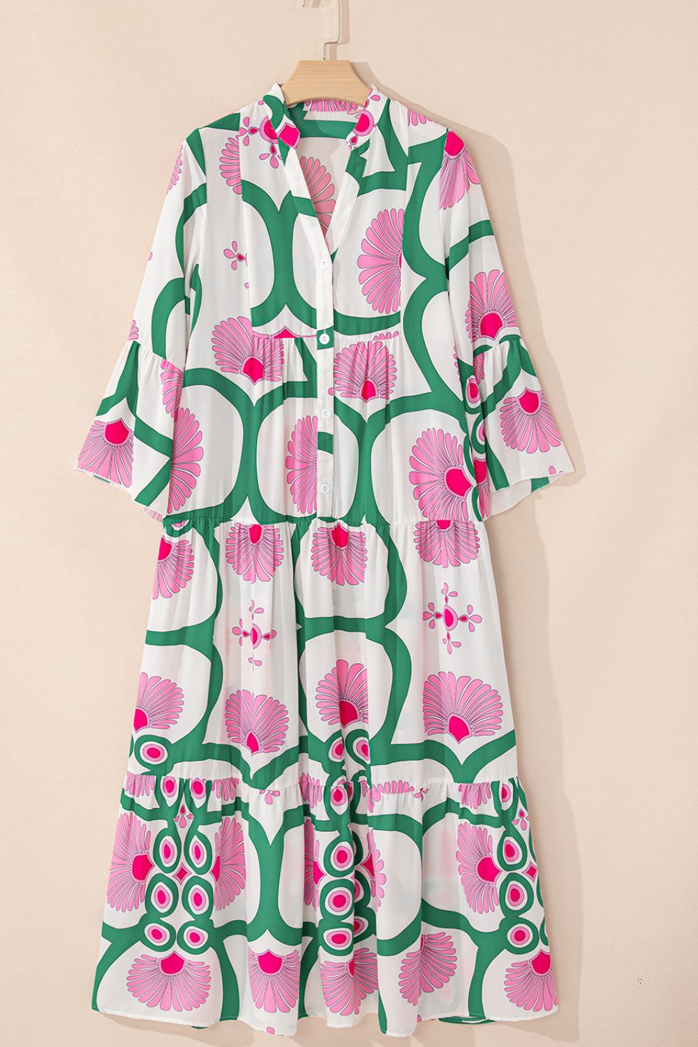 Printed Notched Long Sleeve Maxi Dress - Classique Collection
